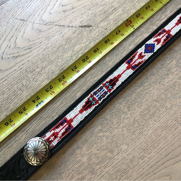 Vintage Tooled Embossed Beaded Leather Belt - Picture 9 of 10